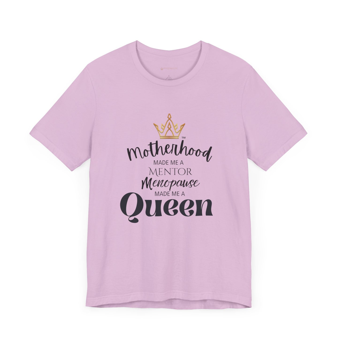 Pink t-shirt with text and a crown graphic on a white background