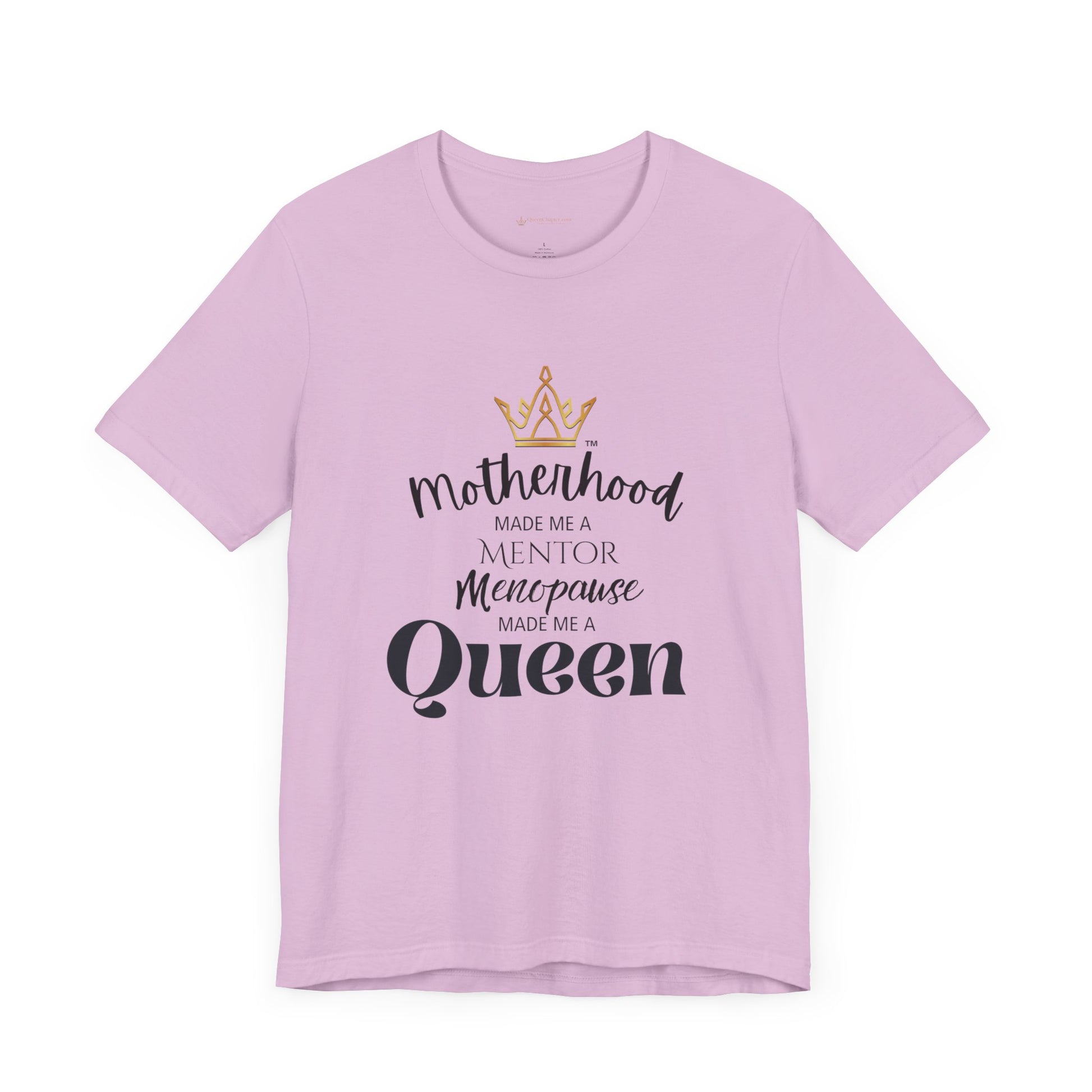 Pink t-shirt with text and a crown graphic on a white background
