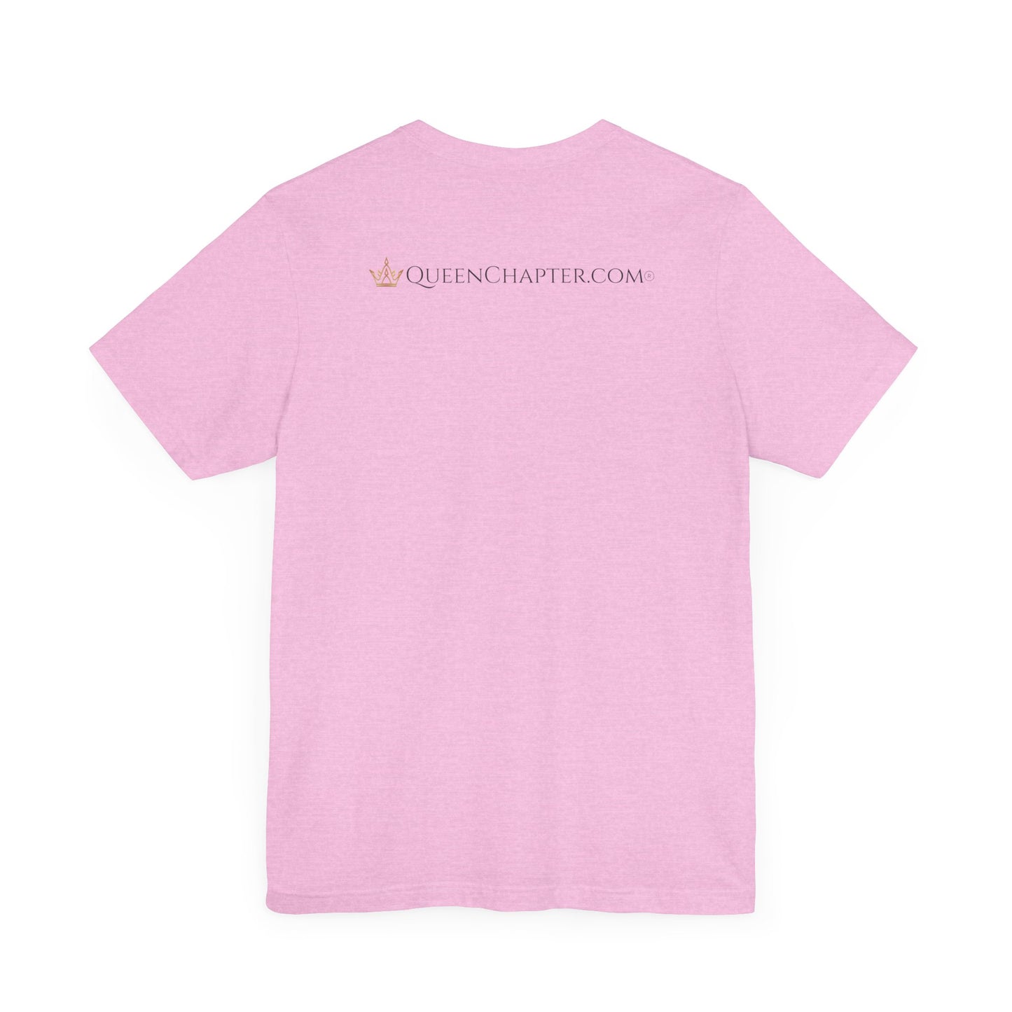 Pink t-shirt with 'Queen Chapter.com' text on the back against a white background
