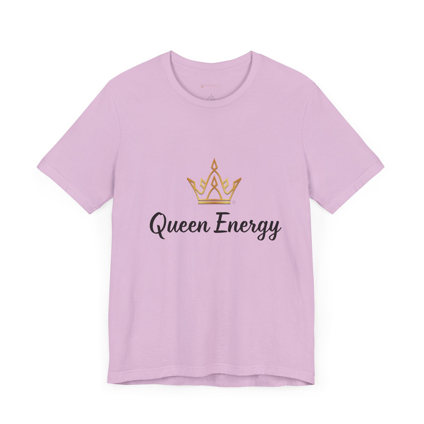 Pink t-shirt with 'Queen Energy' text and gold crown graphic on a white background