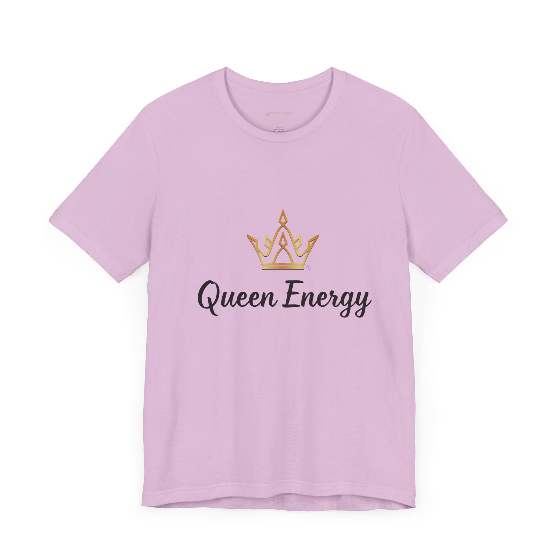 Pink t-shirt with 'Queen Energy' text and gold crown graphic on a white background