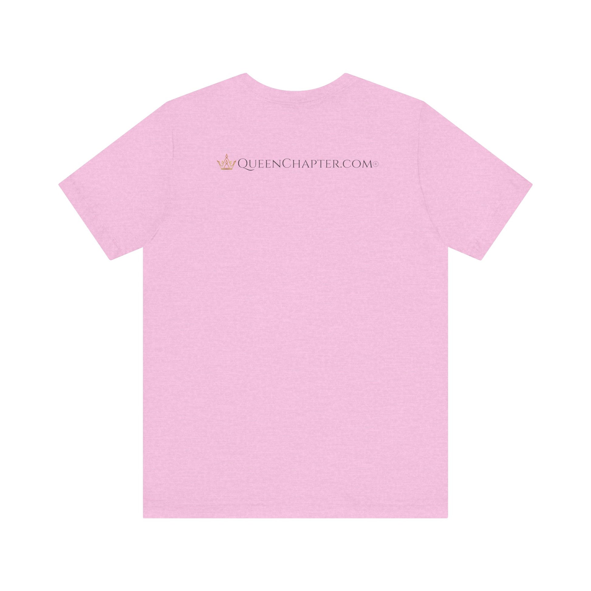 Pink t-shirt with 'QueensChapter.com' text on a white background