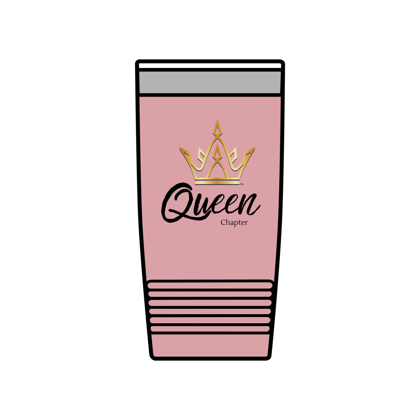 Pink cylindrical container with 'Queen Chapter' text and crown logo on a white background