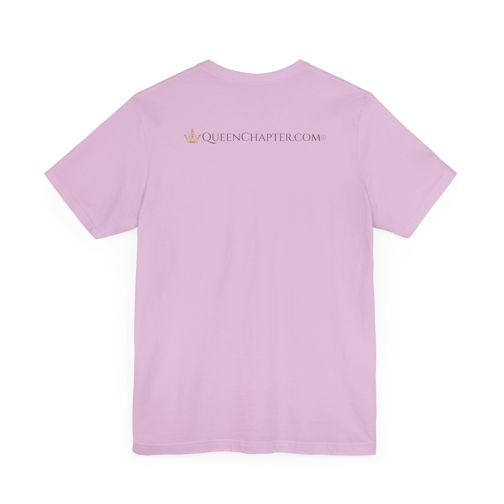 Light purple t-shirt with 'Queen Chapter.com' text on the back against a white background