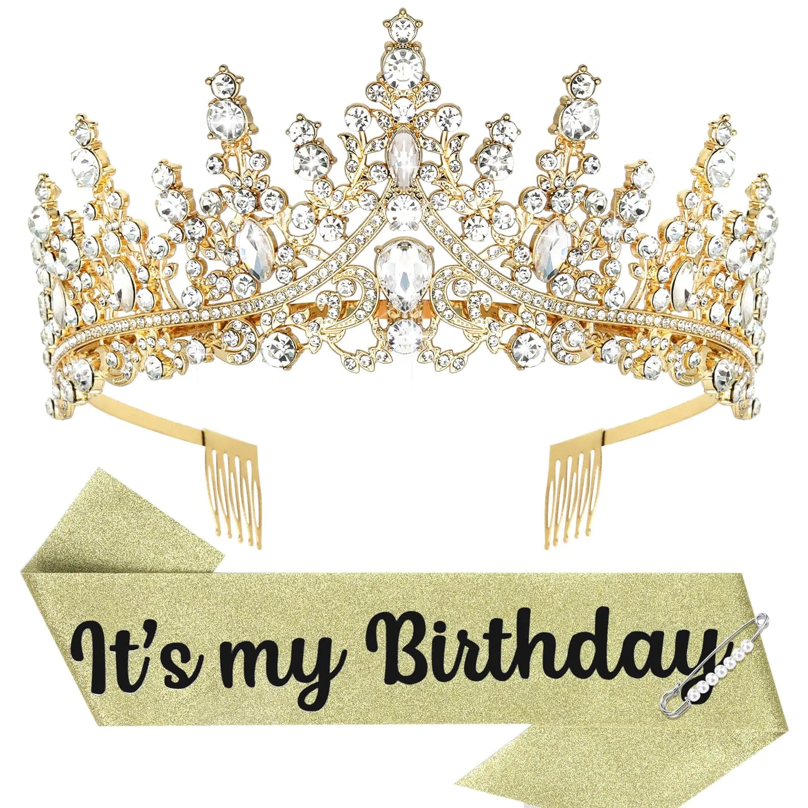 A gold-colored tiara with glittering rhinestones accompanied by a sash with the text 'It's my Birthday' printed on it.