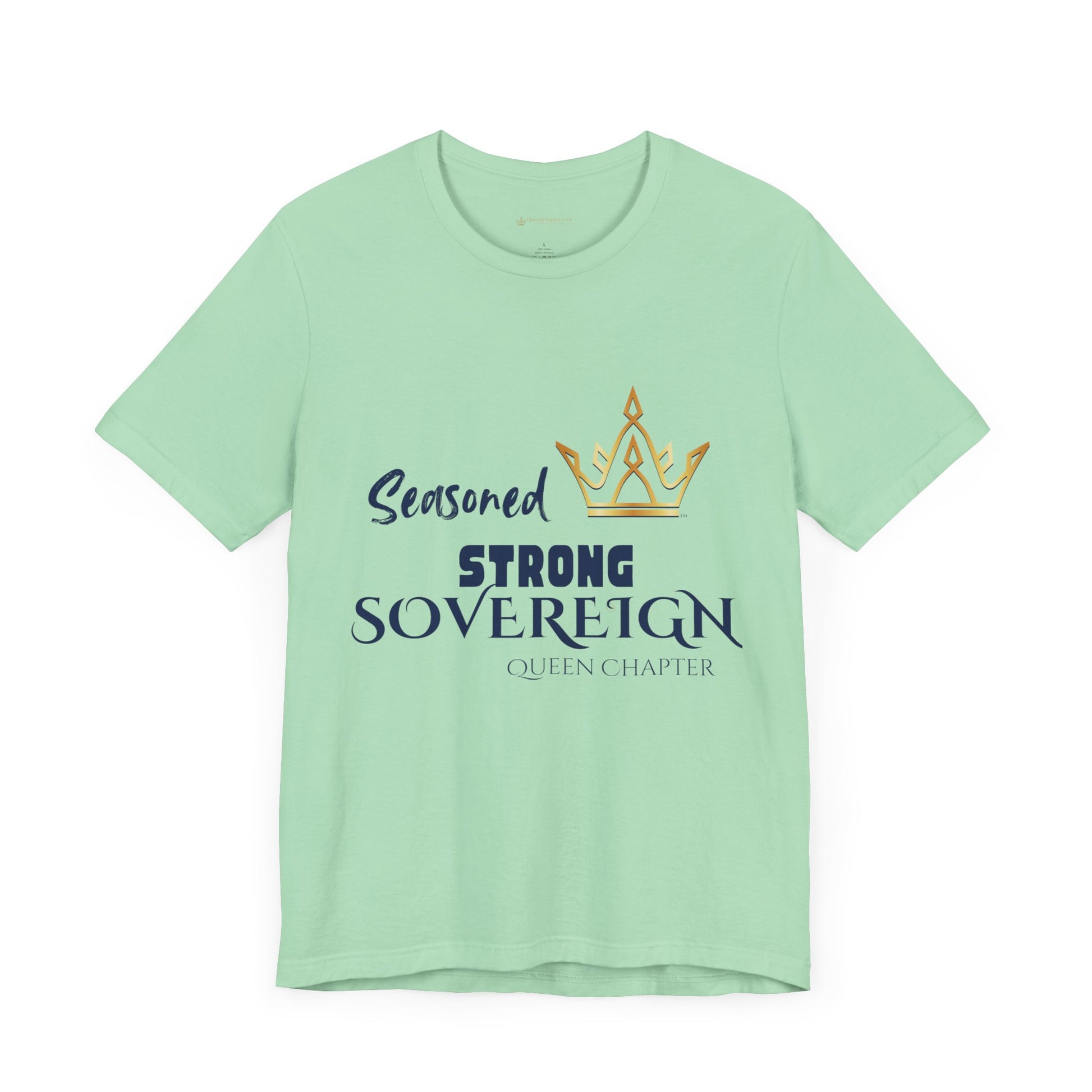 Mint green t-shirt with text and crown graphic on a white background
