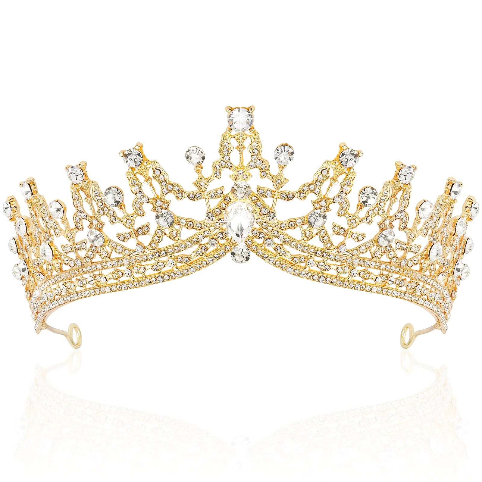 A golden tiara adorned with radiant rhinestones, positioned against a reflective background.