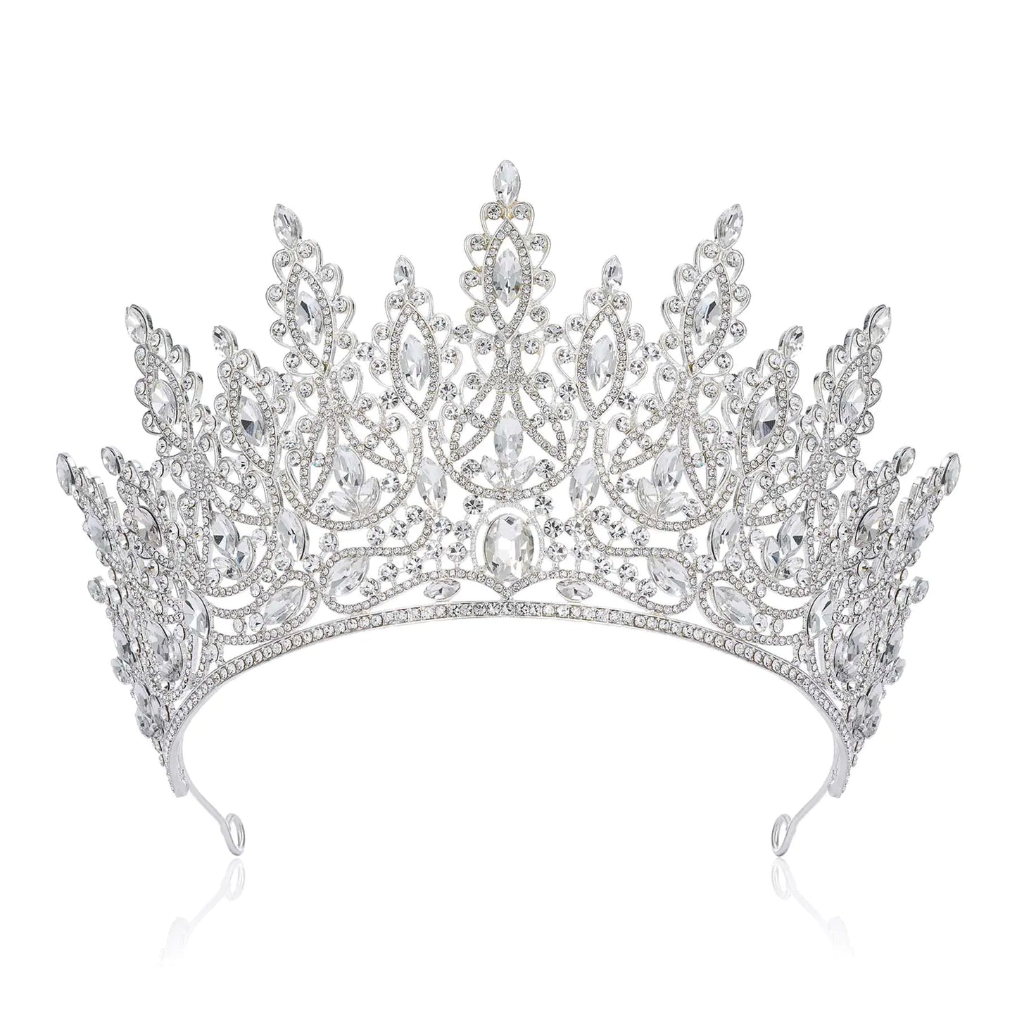 Silver tiara with intricate design on a white background