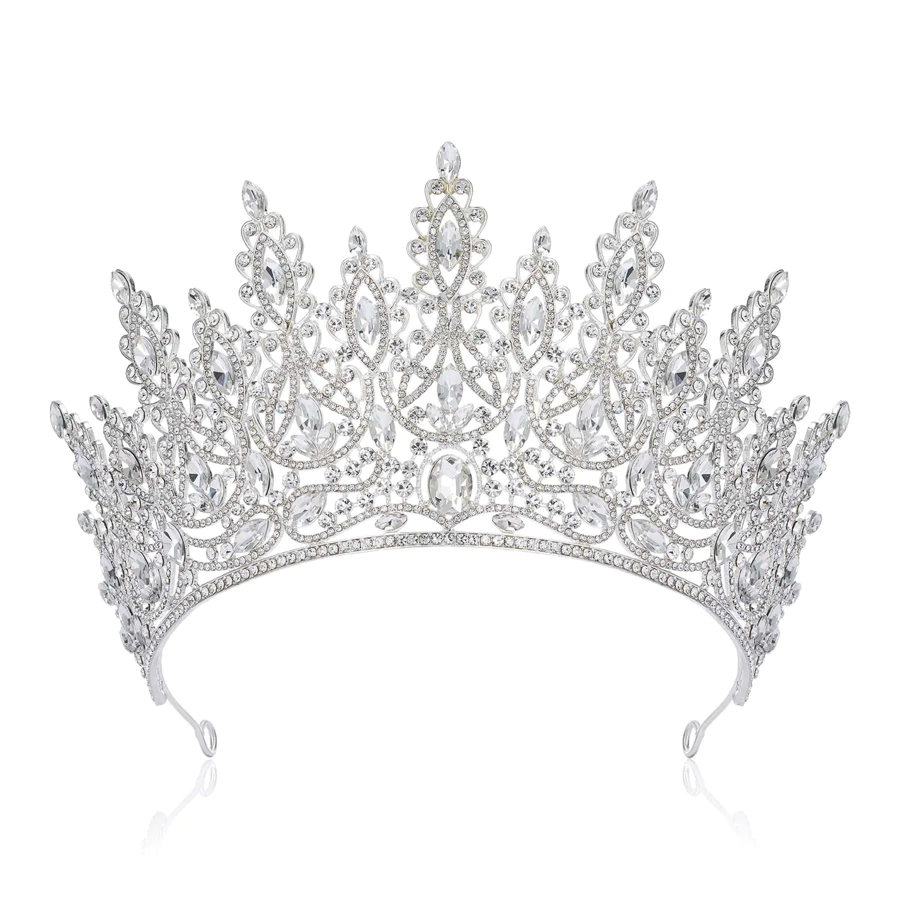 Silver tiara with intricate design on a white background