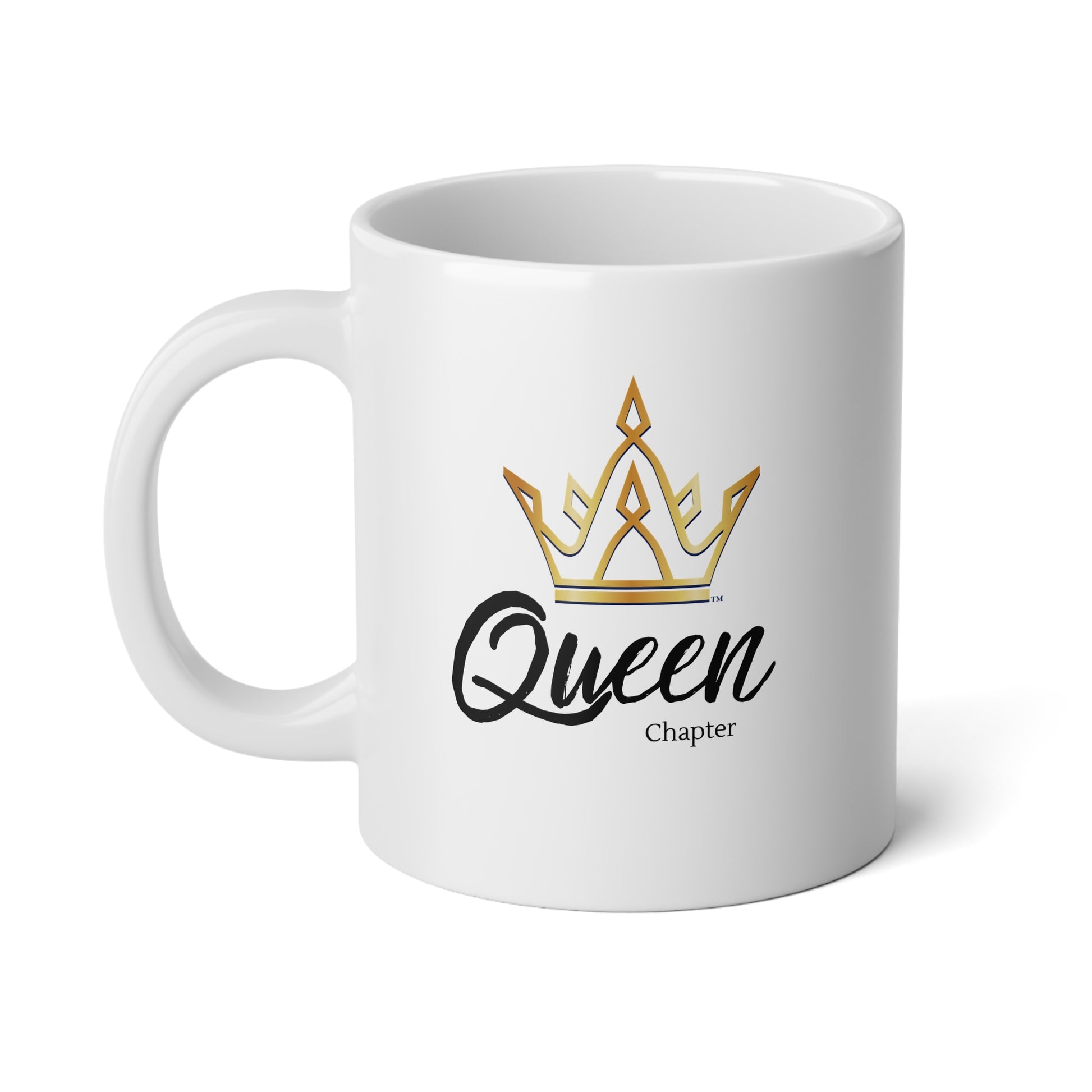White mug with gold crown and black text 'Queen Chapter' on a white background