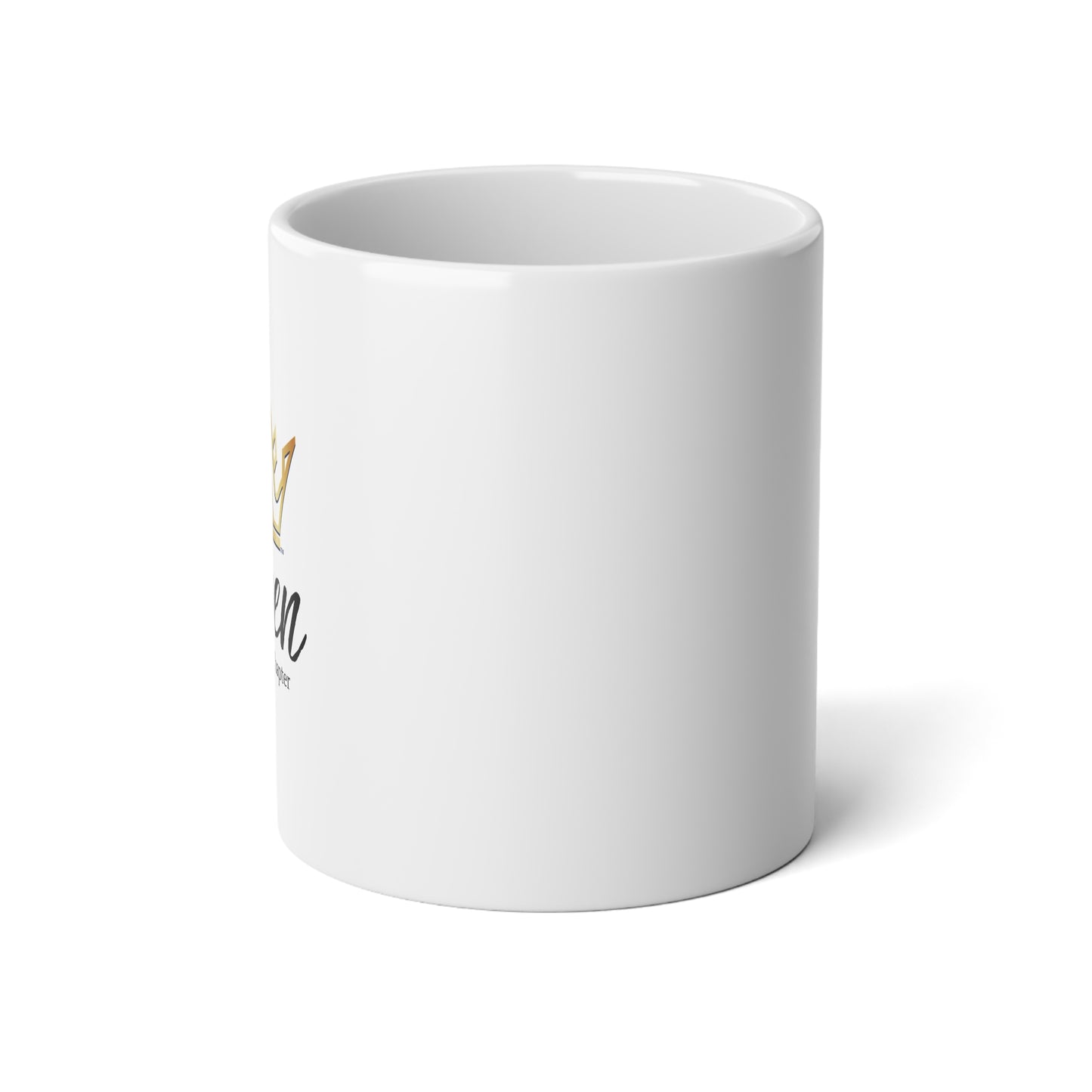 White mug with text on a white background