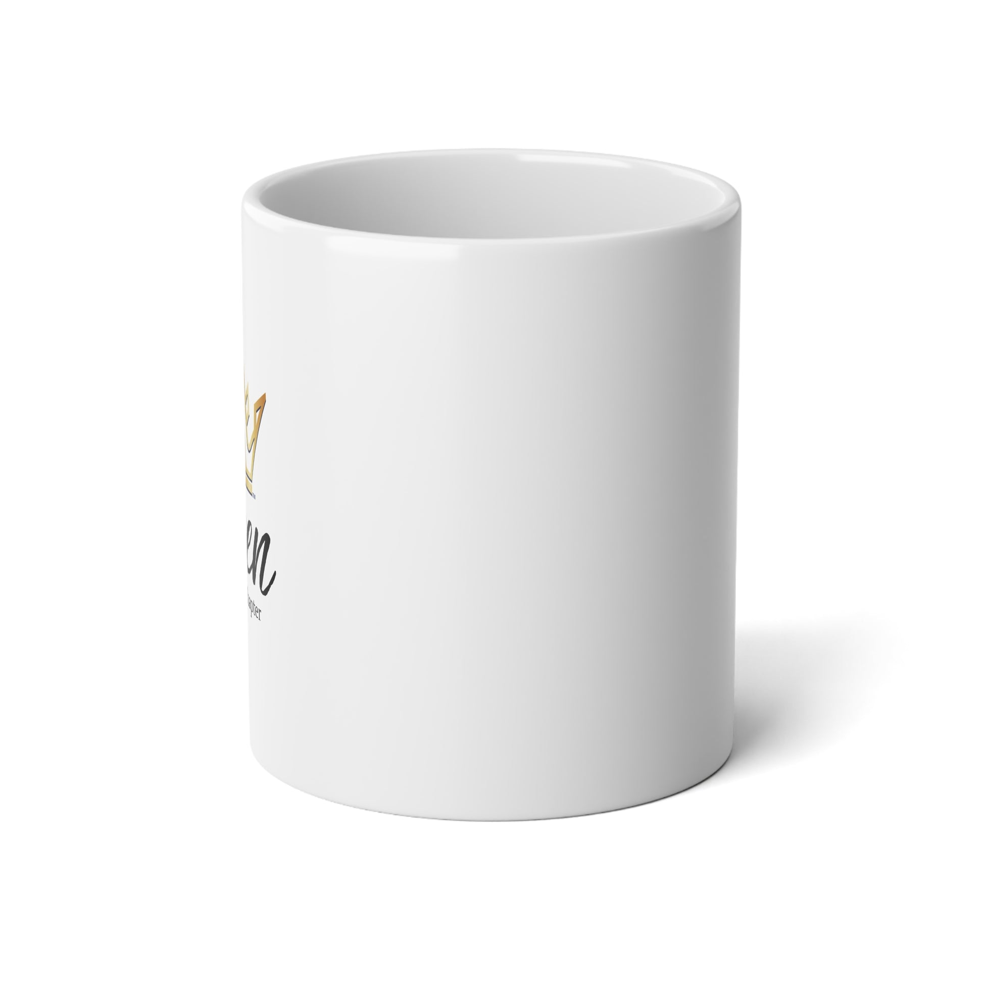 White mug with text on a white background