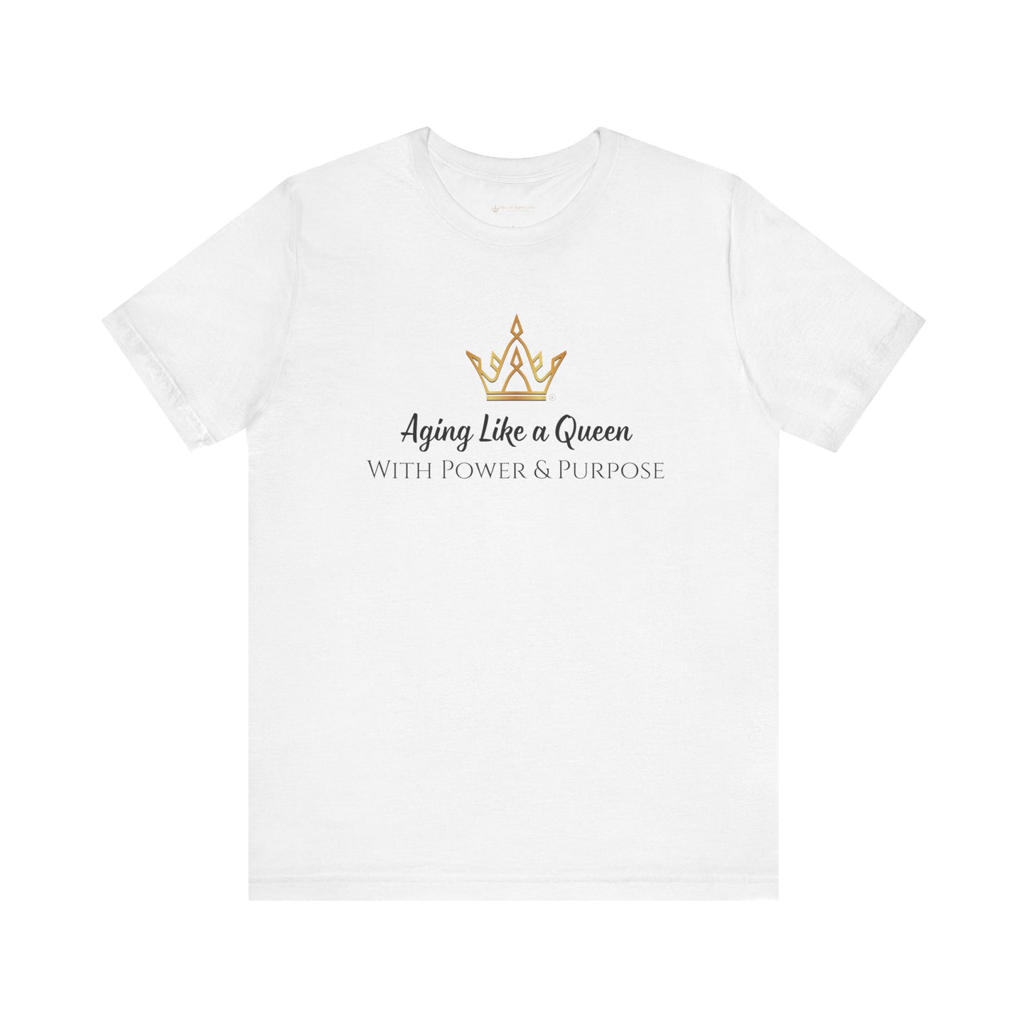 White t-shirt with a gold crown graphic and text on a white background