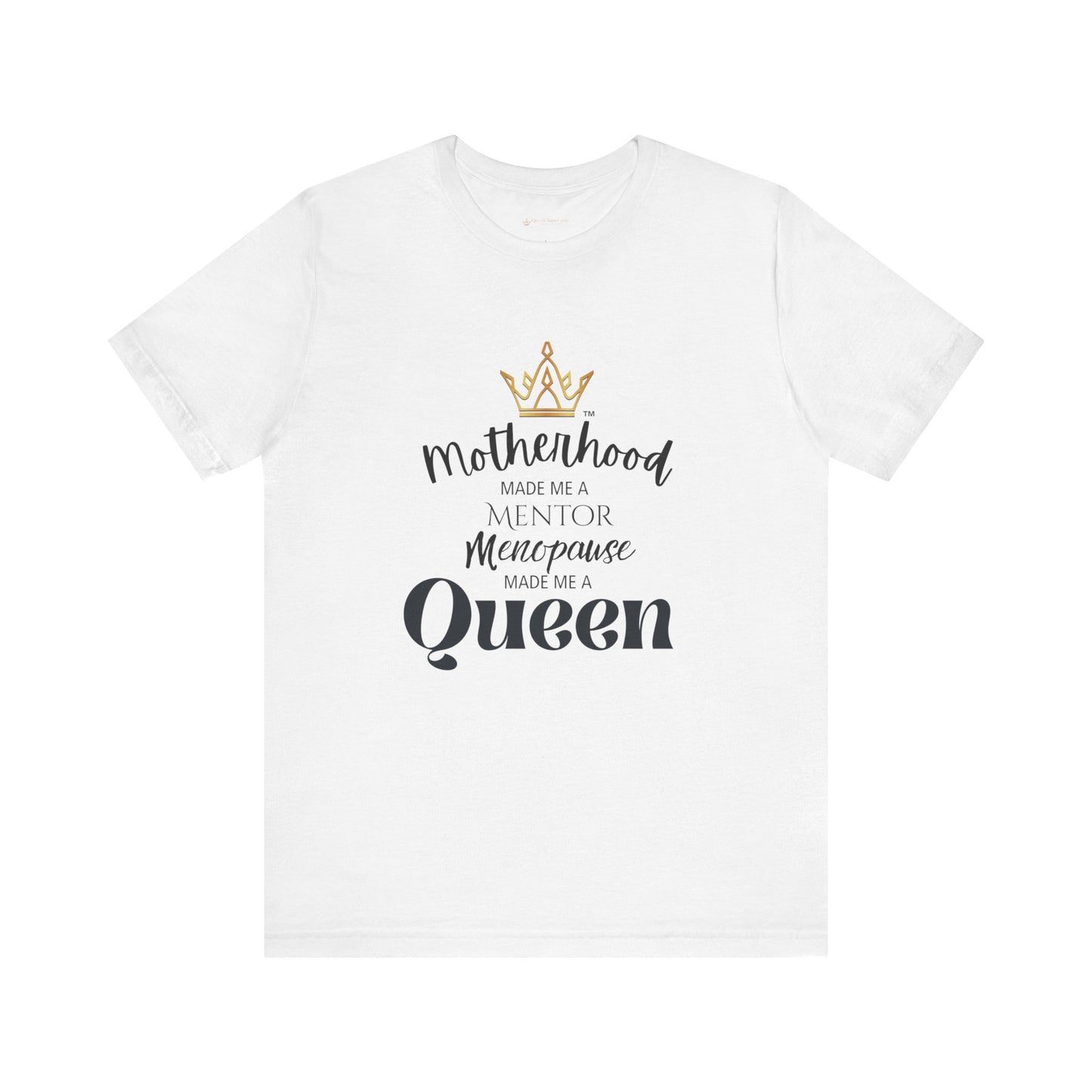 White t-shirt with humorous text design on a white background