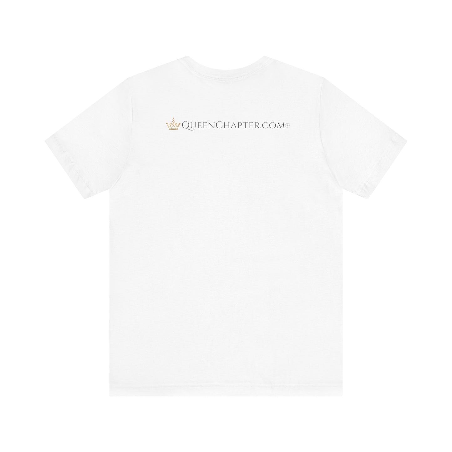 White t-shirt with 'QUEENCHAPTER.COM' logo on a white background