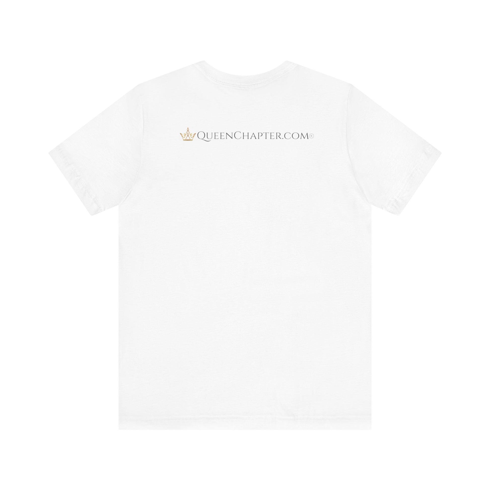 White t-shirt with 'QUEENCHAPTER.COM' logo on a white background
