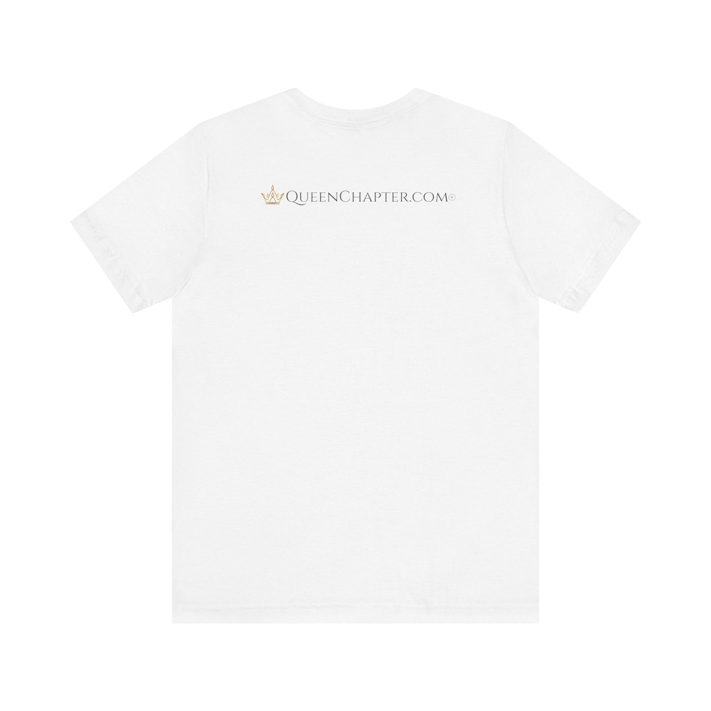 White t-shirt with 'QUEENCHAPTER.COM' text on a white background