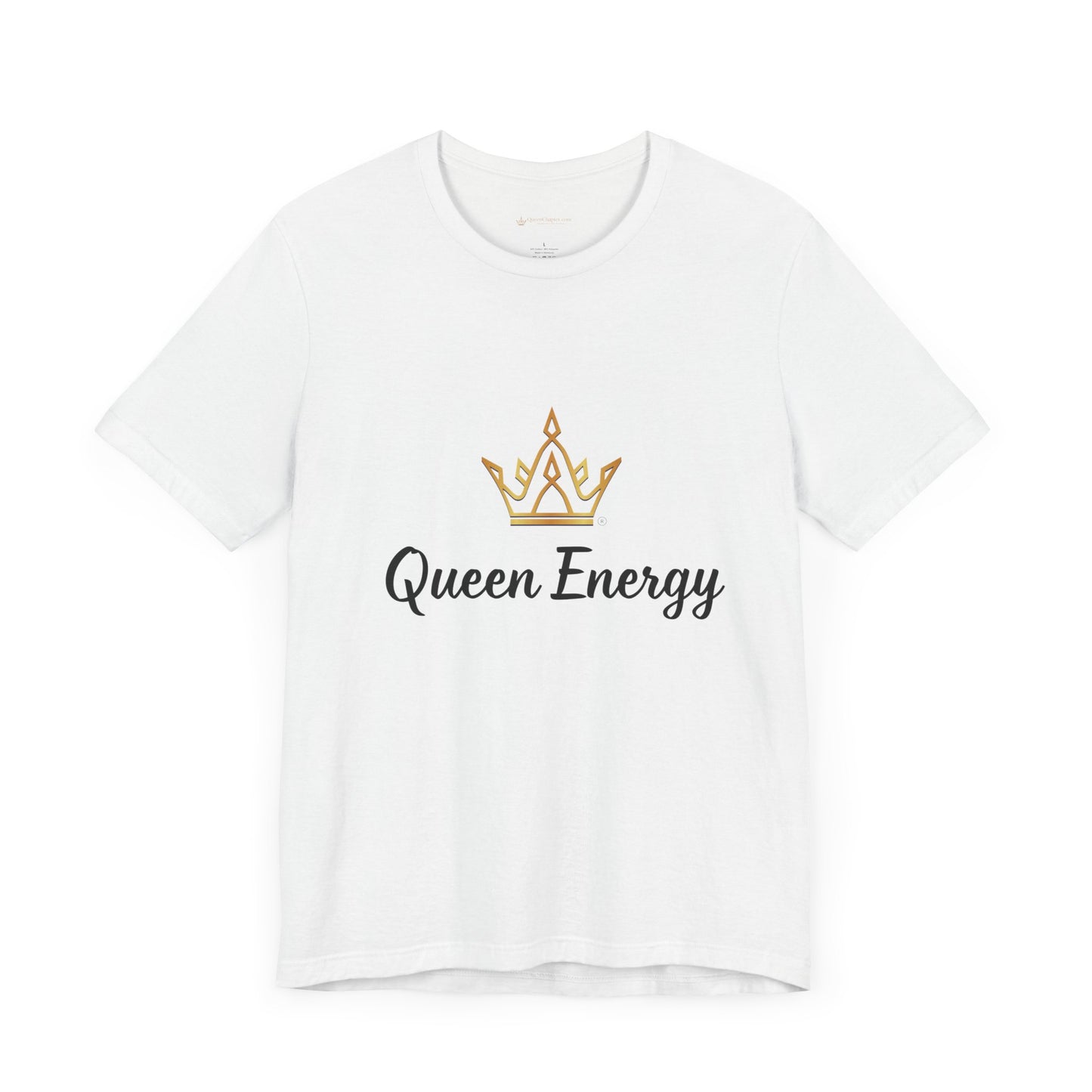 White t-shirt with 'Queen Energy' text and crown graphic on a white background
