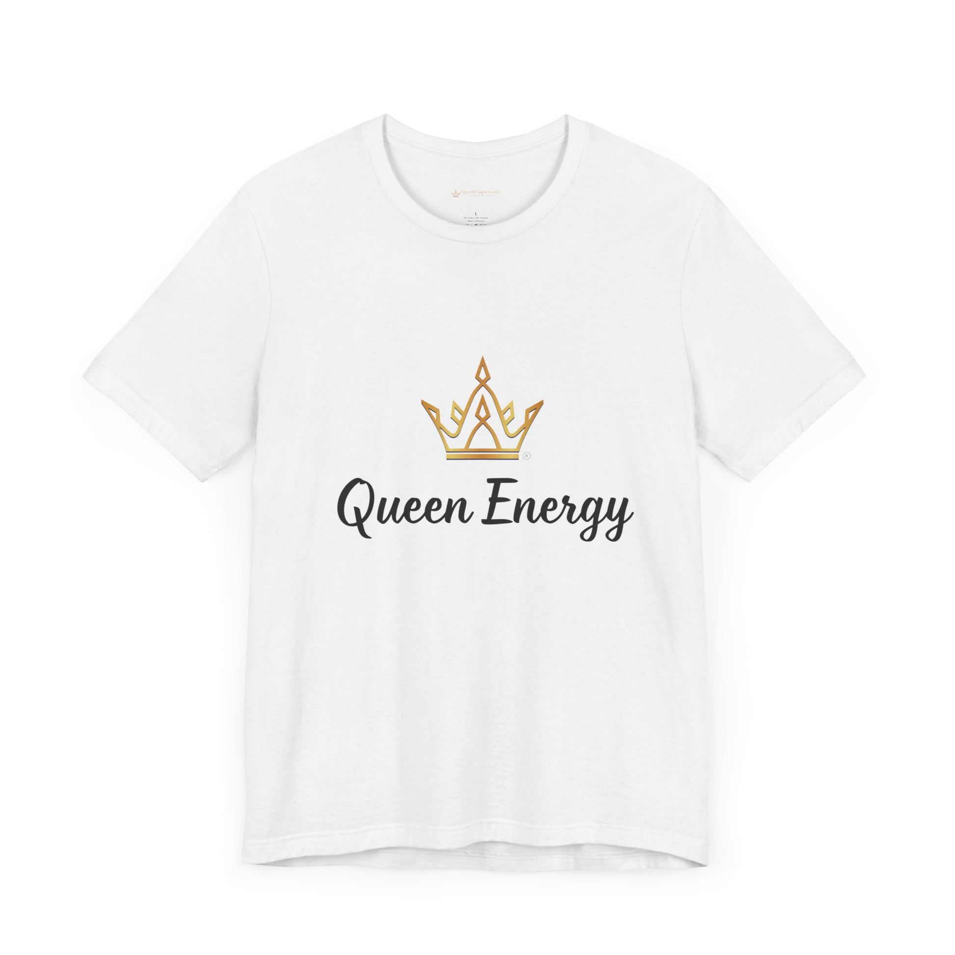White t-shirt with 'Queen Energy' text and crown graphic on a white background