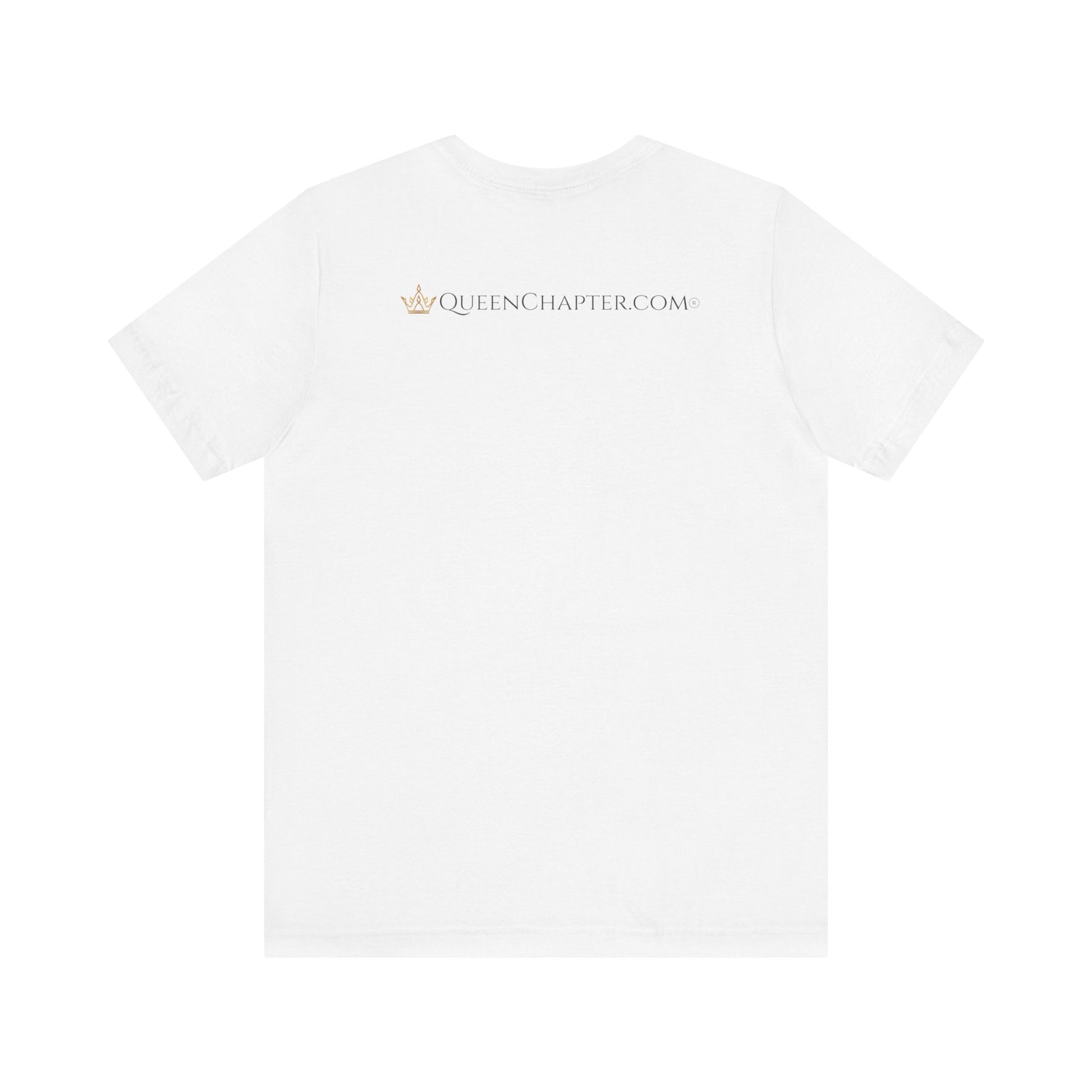 White t-shirt with 'QUEENCHAPTER.COM' text on a white background