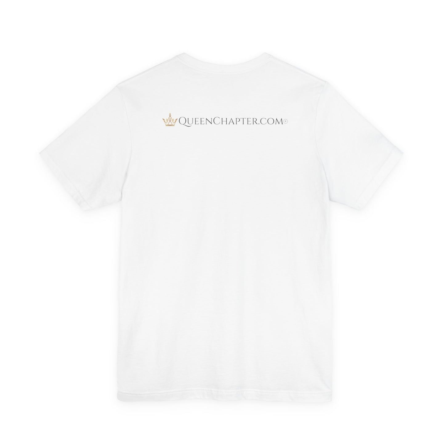 White t-shirt with 'Queen Chapter.com' logo on a white background