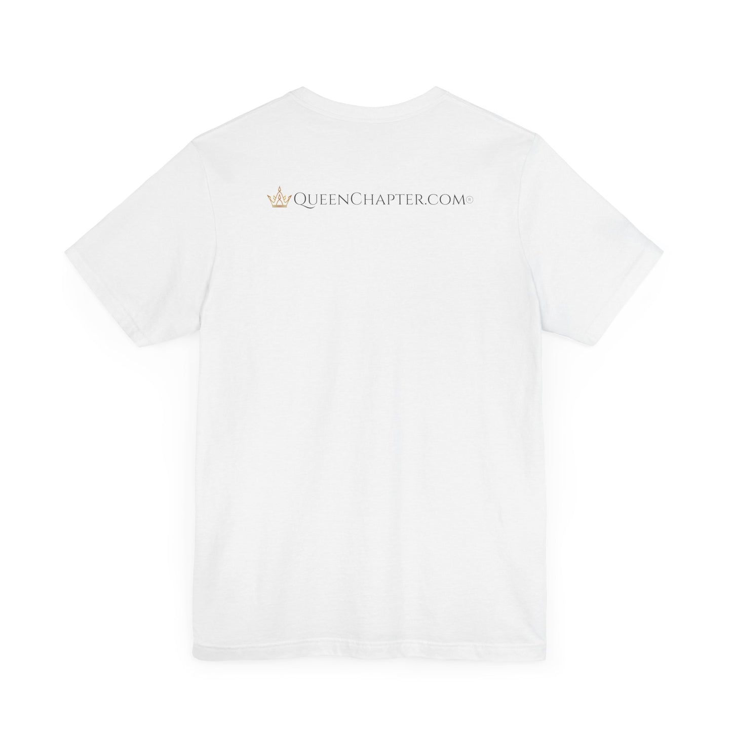 White t-shirt with 'Queen Chapter.com' logo on a white background