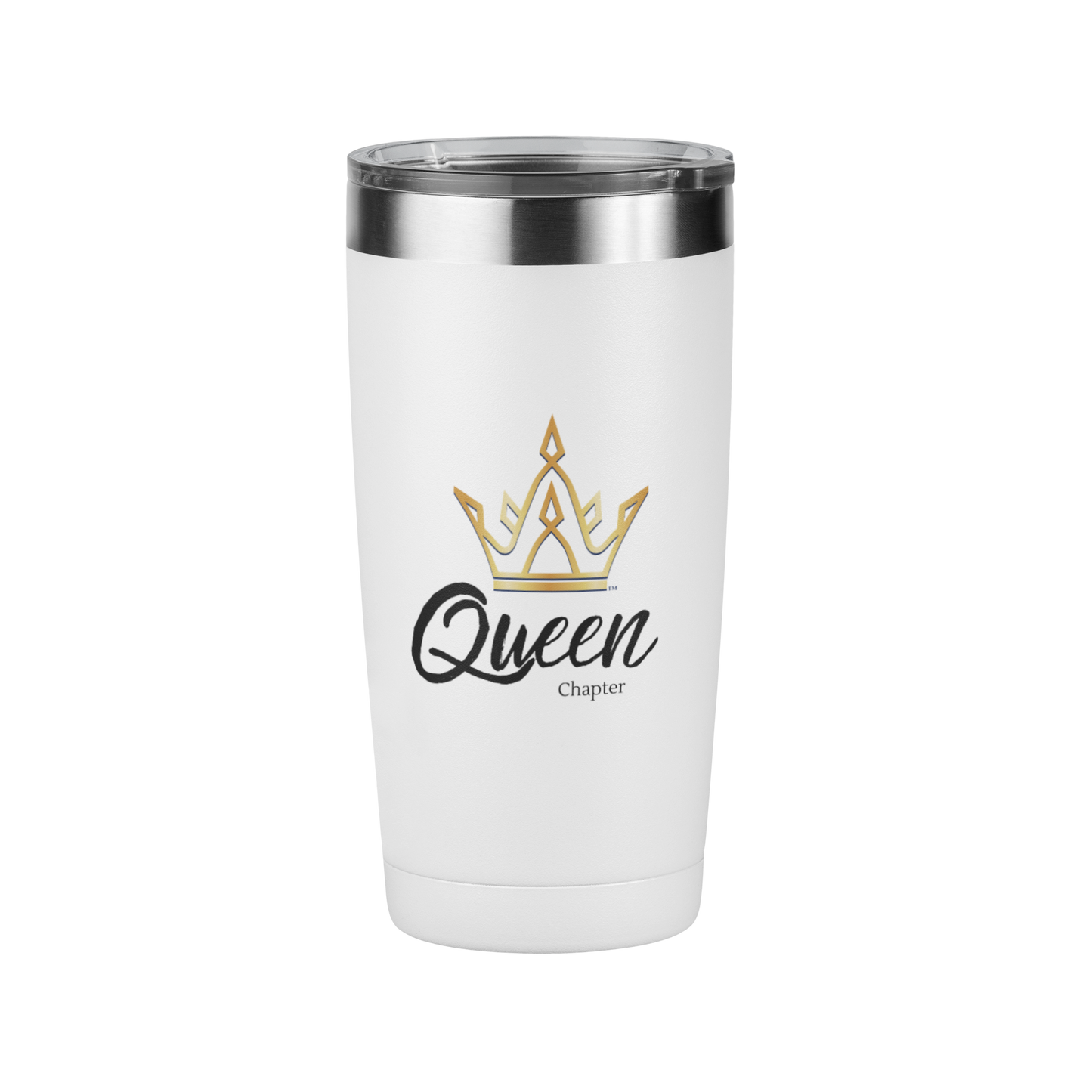 White tumbler with gold crown and black text on a white background