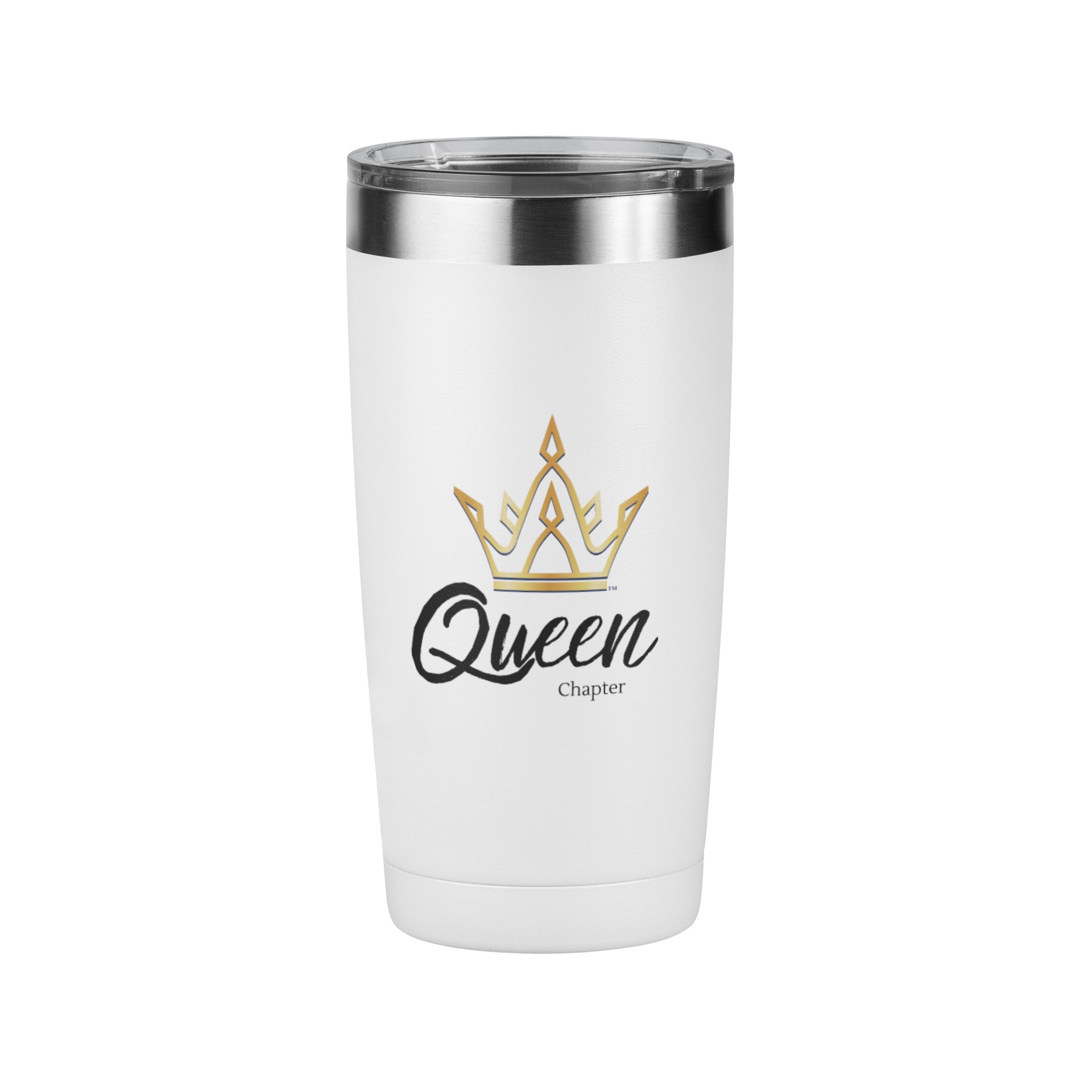 White tumbler with gold crown and black text on a white background